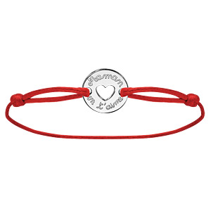 Bracelet en argent cordon rouge coulissant avec rondelle « Maman on t’aime » au milieu