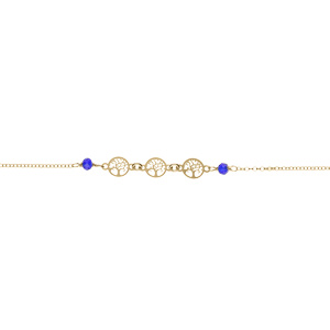 Bracelet argent doré motifs arbre de vie et perles bleues réglable 16 à 19cm