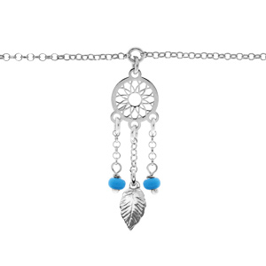 Bracelet en argent rhodié chaîne avec attrape rêve et perles bleu ciel 16,5+2,5cm