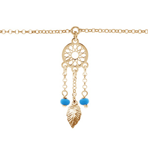 Bracelet en argent et dorure jaune chaîne avec attrape rêve et perles bleu ciel 16,5+2,5cm