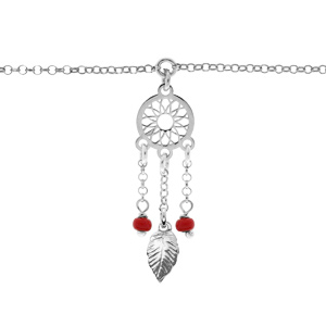 Bracelet en argent rhodié chaîne avec attrape rêve et perles rouge 16,5+2,5cm