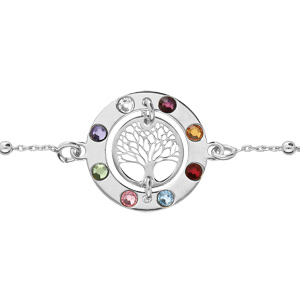 Bracelet en argent rhodié chaîne avec cercle arbre de vie contour pierres multi couleurs 16+3cm