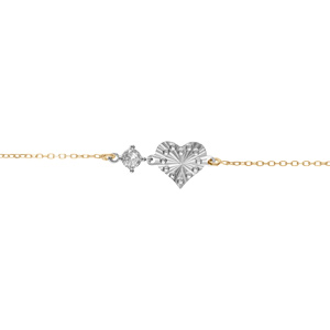 Bracelet argent rhodié et doré jaune coeur diamanté avec 1 oxyde blanc réglable 16 à 19cm