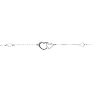 Bracelet argent rhodié coeurs lisses et oxydes blancs réglable 16 à 19cm