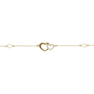 Bracelet argent doré jaune coeurs lisses et oxydes blancs réglable 16 à 19cm