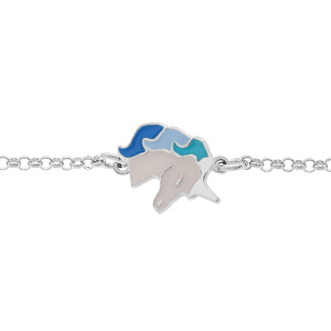 Bracelet en argent rhodié chaîne avec licorne blanche et bleue 13+3cm