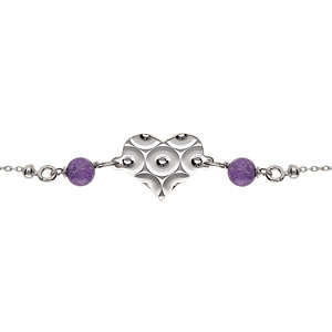 Bracelet argent rhodié chaîne boule coeur martelé avec 2 boules jade violette véritable réglable 16 à 19cm