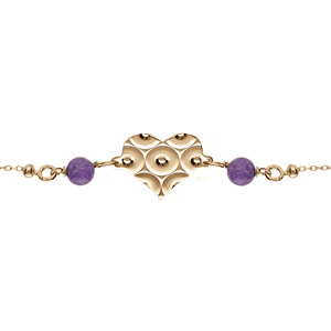 Bracelet argent doré chaîne boule coeur martelé avec 2 boules jade violette véritable réglable 16 à 190cm