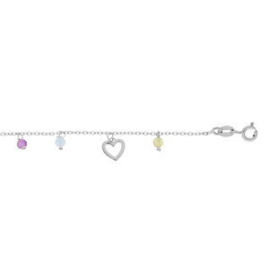 Bracelet en argent rhodié chaîne avec pampilles coeurs évidés et perles facetées naturelles 16+3cm