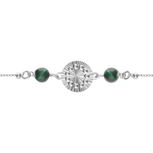 Bracelet argent rhodié chaîne boules cercle diamanté avec 2 boules malachite véritable réglable 16 à 19cm