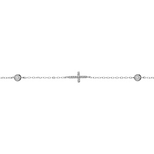 Bracelet en argent rhodié chaînette avec 2 oxydes blancs sertis clos et croix oxydes blancs sertis 16+3cm