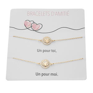Bracelets d’amitié en argent et dorure jaune double arbre de vie et oxydes blancs sertis 15+3cm sur son support cartonné