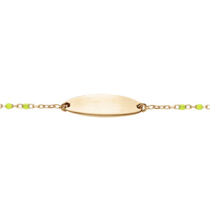 Gourmette bébé plaque ovale argent et dorure jaune, résine multicolore dégradé rose vert, réglable d