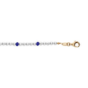 Bracelet en argent et dorure jaune avec perles 3mm blanche de synthèse et perles bleues 16+3cm
