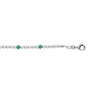 Bracelet en argent rhodié avec perles 3mm blanche de synthèse et perles vertes 16+3cm