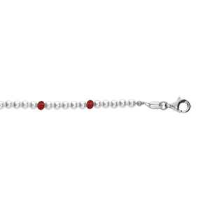 Bracelet en argent rhodié avec perles 3mm blanche de synthèse et perles rouges 16+3cm