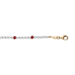 Bracelet en argent et dorure jaune avec perles 3mm blanche de synthèse et perles rouges 16+3cm
