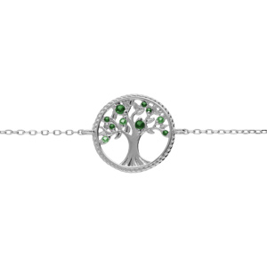 Bracelet en argent rhodié, arbre de vie contour perlé avec oxydes verts 16+2cm