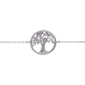 Bracelet en argent rhodié chaîne avec pastille arbre de vie contour perlé et oxydes violets 16+2cm