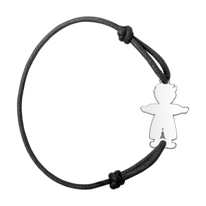 Bracelet en argent cordon noir coulissant avec petit garçon au milieu