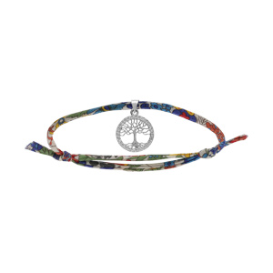 Bracelet liberty tissu fleuri une pampille arbre de vie en argent rhodié avec oxydes blancs sertis, réglable