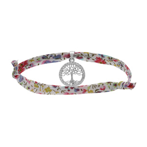 Bracelet liberty tissu fleuri rose une pampille arbre de vie argent rhodié avec oxydes blancs sertis
