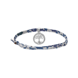Bracelet liberty tissu fleuri bleu une pampille arbre de vie en argent rhodié avec oxydes blancs ser
