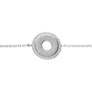 Bracelet en argent rhodié, disque motif soleil évidé entourage oxydes blancs 16+2cm