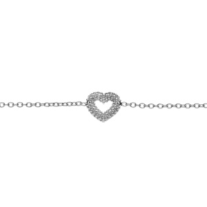 Bracelet en argent rhodié clair, coeur évidé perlé 16+3cm