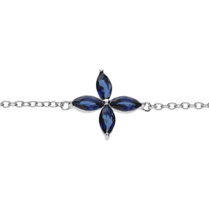 Bracelet en argent rhodié, motif fleur verre bleu foncé 16+2cm