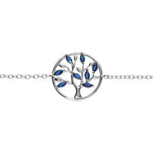 Bracelet en argent rhodié cercle arbre de vie oxydes bleus 16+2cm