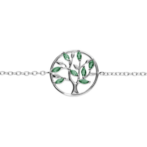 Bracelet en argent rhodié cercle arbre de vie oxydes verts 16+2cm