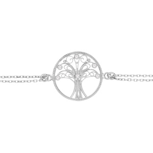 Bracelet en argent rhodié chaîne double avec pastille arbre de vie en filigrane et oxydes blancs ser