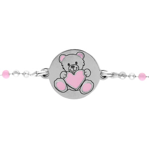 Bracelet en argent rhodié chaîne boules avec rondelle motif ourson rose 13+3cm