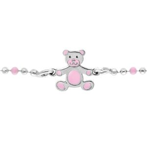 Bracelet en argent rhodié chaîne boules avec ourson rose 13+3cm