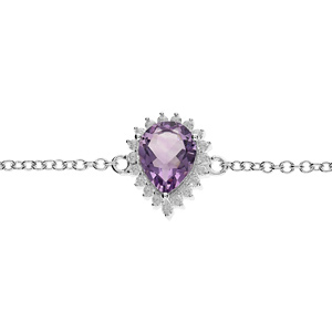 Bracelet en argent rhodié chaîne avec Améthyste véritable forme goutte 8×6 contour oxydes blancs sertis 16+3cm