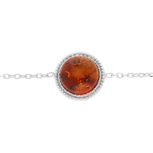 Bracelet en argent rhodié chaîne avec pastille Ambre 8 mm véritable 16+3cm