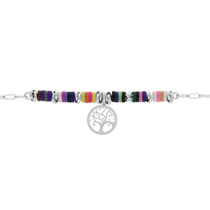 Bracelet en argent rhodié chaîne avec cocktail couleurs et pampille arbre de vie 16+3cm