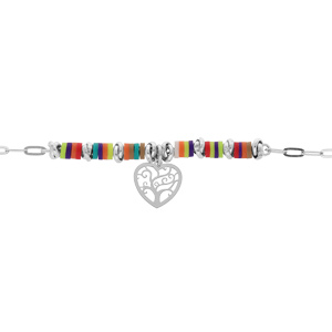 Bracelet en argent rhodié chaîne avec cocktail couleurs et pampille coeur 16+3cm