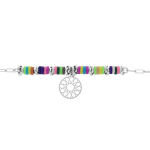 Bracelet en argent rhodié chaîne avec cocktail couleurs et pampille mandala 16+3cm