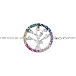 Bracelet en argent rhodié chaîne avec pastille arbre de vie et contour oxydes multicouleurs 16+3cm