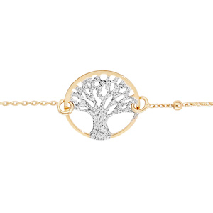 Bracelet en argent et dorure jaune chaîne avec pastille arbre de vie granité 15mm 16+3cm