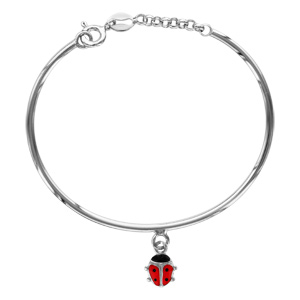 Bracelet jonc pour enfant en argent rhodié avec pampille coccinelle et petite chaînette de rallonge