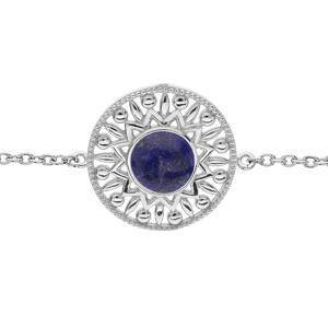 Bracelet en argent rhodié chaîne avec motif ethnique et Lapis Lazuli véritable 16+2cm