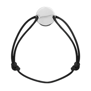 Bracelet en argent cordon coulissant noir avec plaque ronde à graver