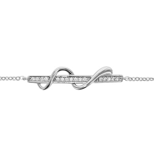 Bracelet en argent rhodié chaîne avec rail d'oxydes blancs sertis et brin lisse enroulé autour - longueur 16cm + 2cm de rallonge