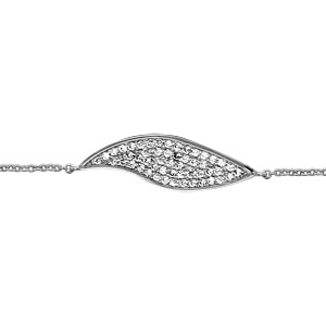 Bracelet en argent rhodié chaîne avec feuille simple pavée d'oxydes blancs au milieu - longueur 16cm + 2cm de rallonge
