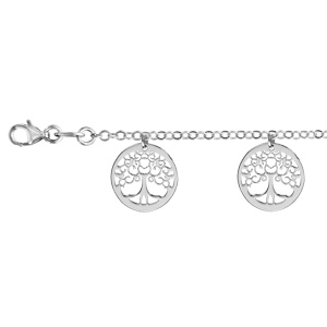 Bracelet en argent rhodié chaîne avec 5 pampilles arbres de vie ajourés – longueur 16cm + 3cm de rallonge