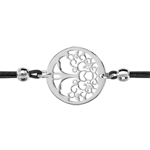 Bracelet en argent rhodié cordon doublé noir avec rond découpé en arbre de vie à l'intérieur - longu
