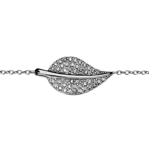Bracelet en argent rhodié chaîne avec au milieu feuille pavée d'oxydes blancs avec tige lisse - long
